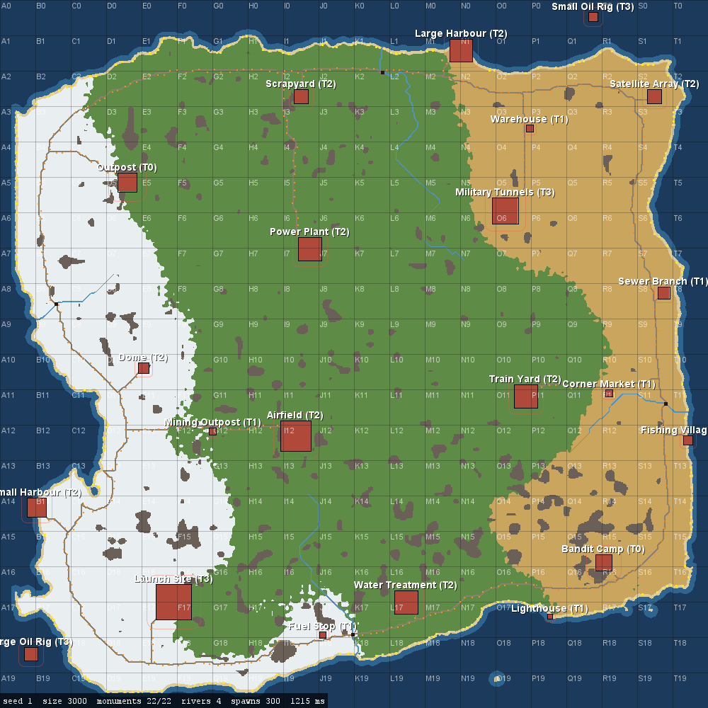 Island map from the Raidcesse world generator, with monuments marked
